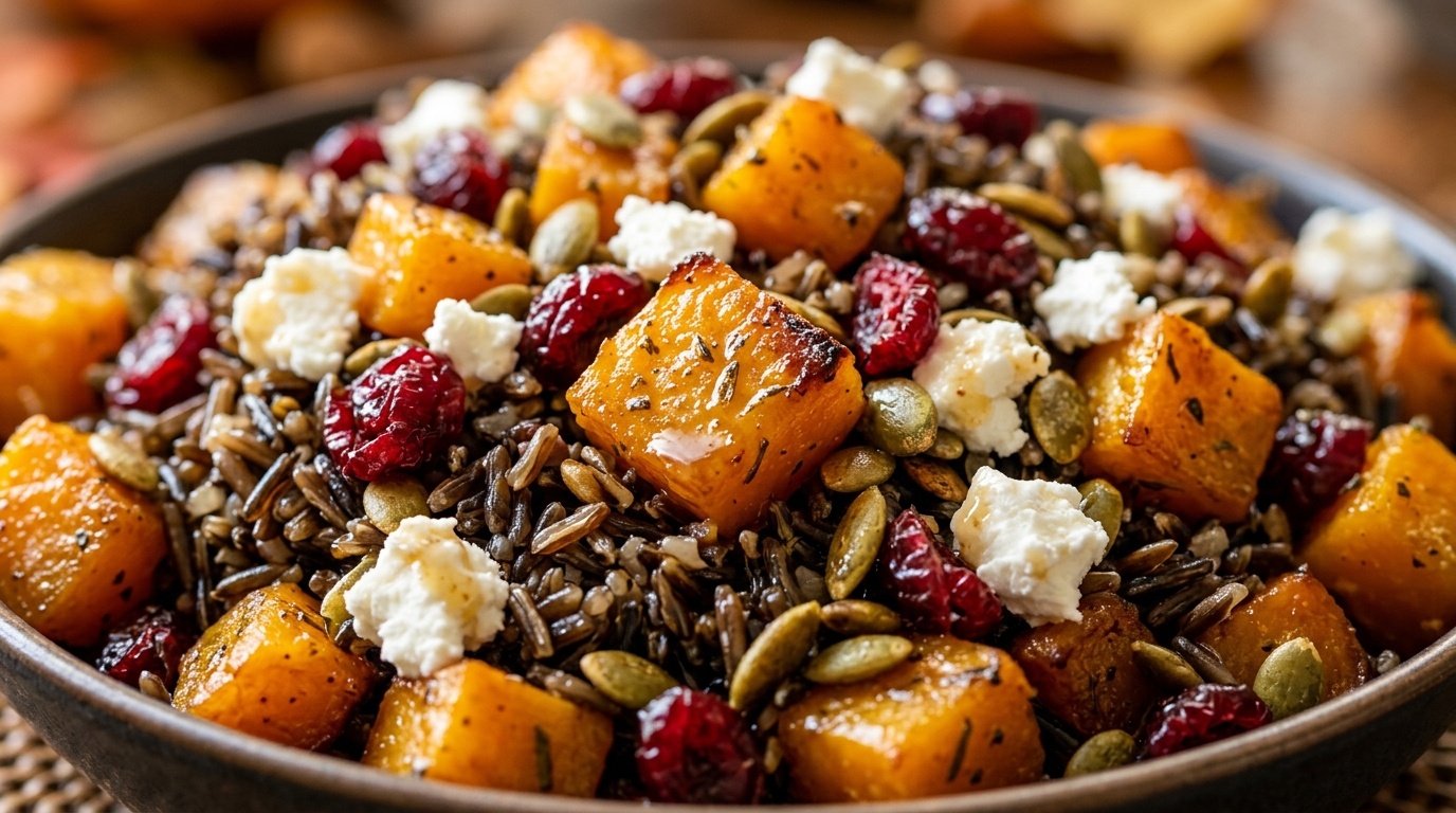 Ultra close-up macro of warm butternut squash and wild rice harvest salad with goat cheese and cranberries