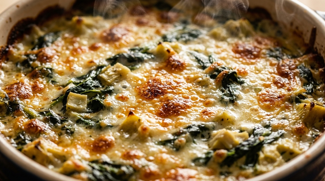 Ultra close-up macro of warm cheesy baked spinach artichoke dip with bubbling blistered golden brown mozzarella crust