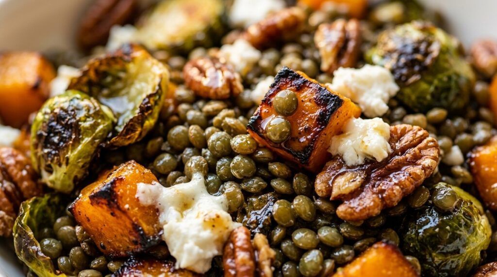 Warm roasted vegetable and French lentil harvest salad with goat cheese macro close-up