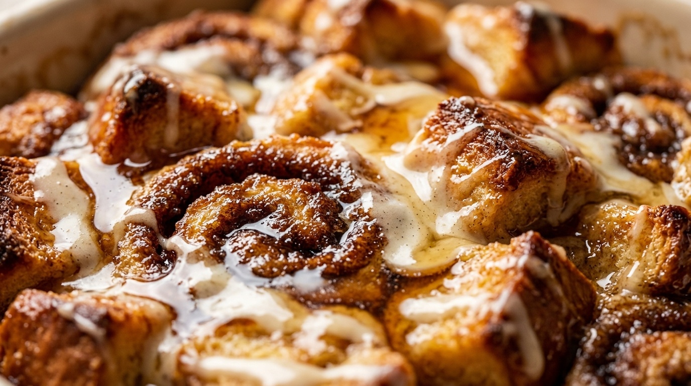 Ultra close-up macro of cinnamon roll brioche French toast bake glistening with bubbling caramelized cinnamon brown sugar ripples, melting cream cheese glaze, and pure maple syrup