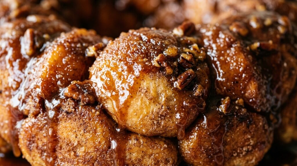 Ultra close-up macro of gooey caramelized cinnamon pecan monkey bread glistening with bubbling amber brown sugar butter glaze and roasted crushed pecans