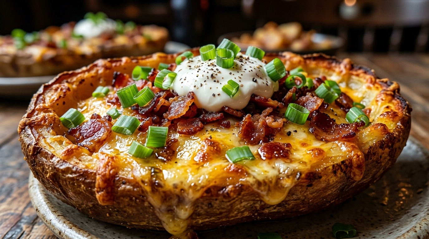 Ultra close-up macro of crispy loaded baked cheddar potato skins overflowing with bubbling melted sharp cheddar cheese, crispy savory bacon bits, green onions, and sour cream