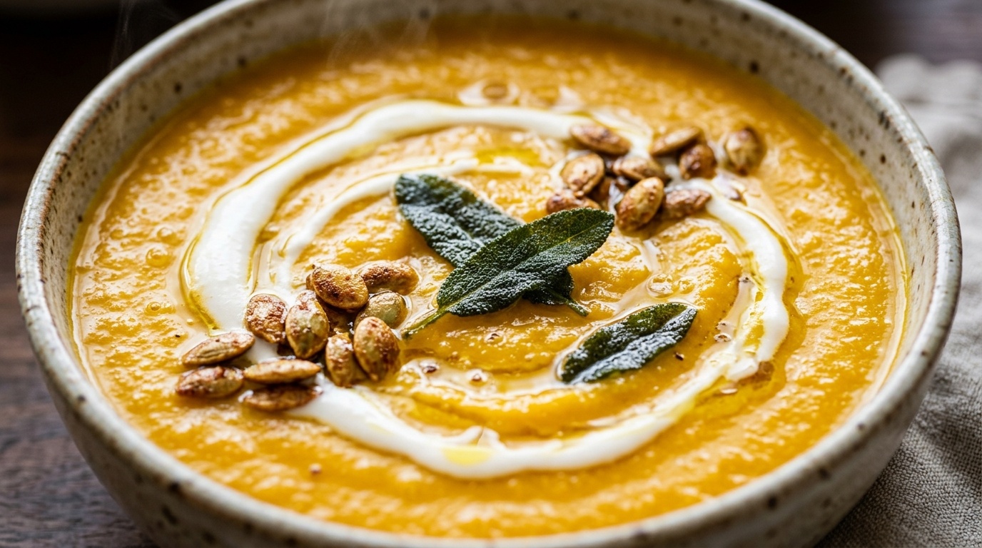 Ultra close-up macro of velvety roasted butternut squash soup garnished with delicate swirls of coconut cream, crunchy roasted pepitas, crispy fried sage, and olive oil
