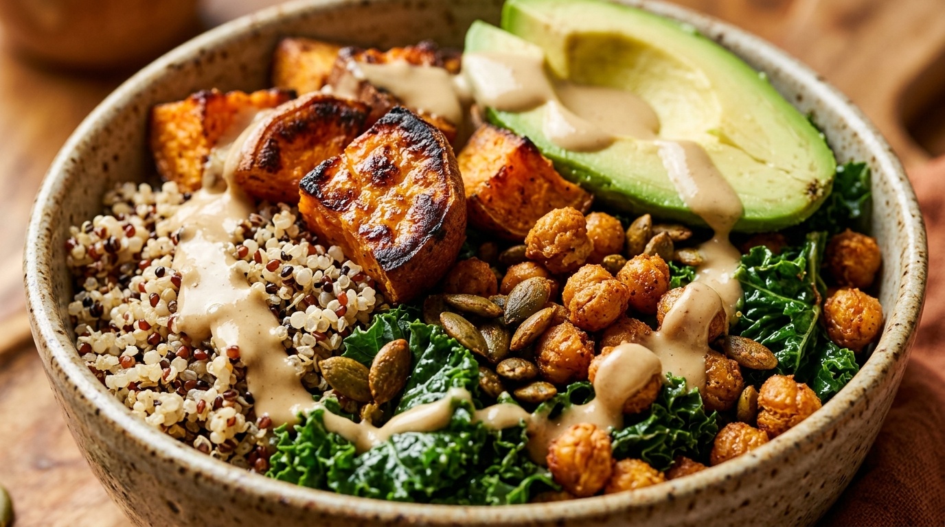 Ultra close-up macro of warm roasted sweet potato and quinoa harvest bowl with massaged kale, crispy spiced chickpeas, sliced avocado, and velvety maple tahini dressing