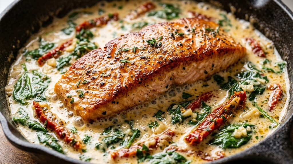 Ultra close-up macro of pan-seared creamy garlic Tuscan salmon nestled in velvety garlic parmesan cream sauce with wilted spinach and sun-dried tomatoes